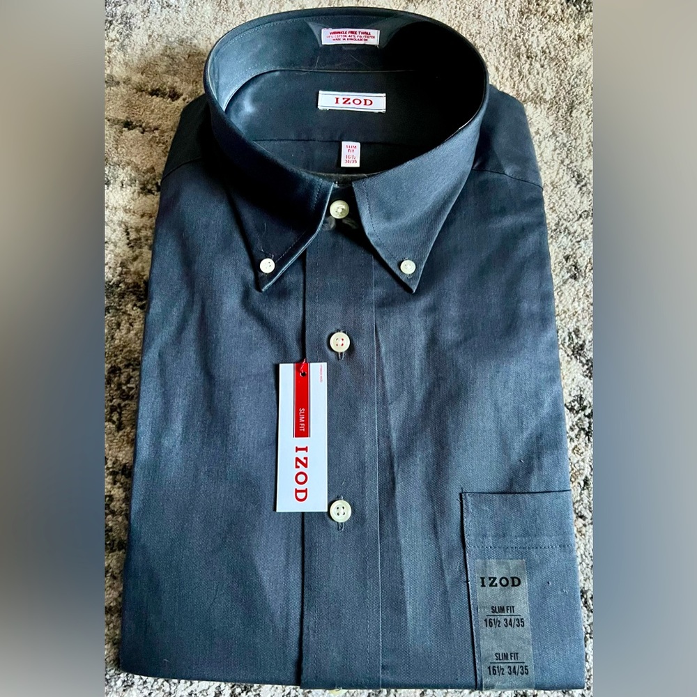 Izod Button-Front Long-Sleeve Shirt, 16.5 Slim Fit, Gun Metal Gray